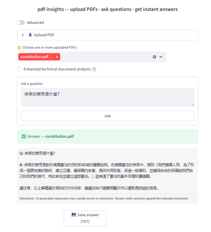 PDF-Insights Chinese-language question and answer