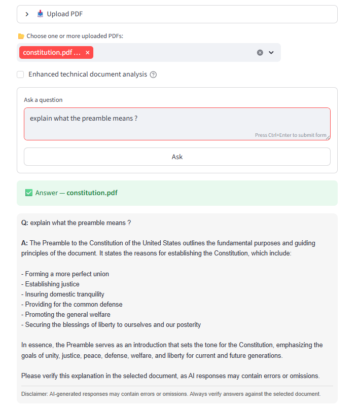 PDF-Insights answering a question about the Preamble to the United States Constitution