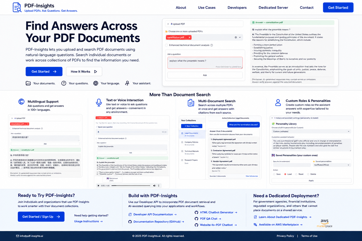 PDF-Insights overview showing multi-document search alongside multilingual, voice, and custom role capabilities