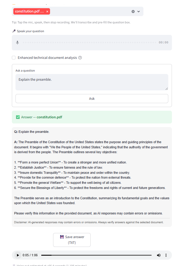 PDF-Insights voice input and voice output interface